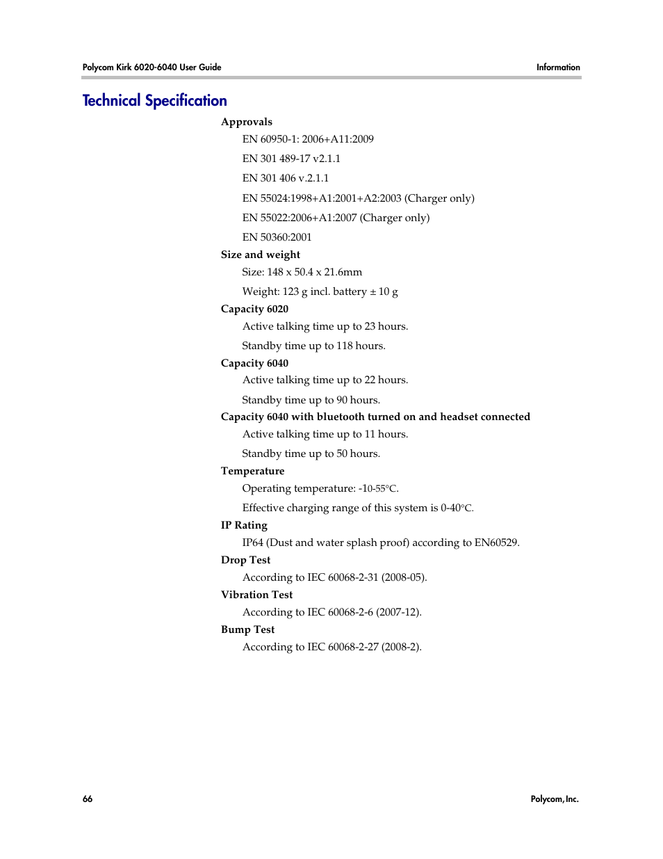 Technical specification | Polycom KIRK 6040 User Manual | Page 65 / 83