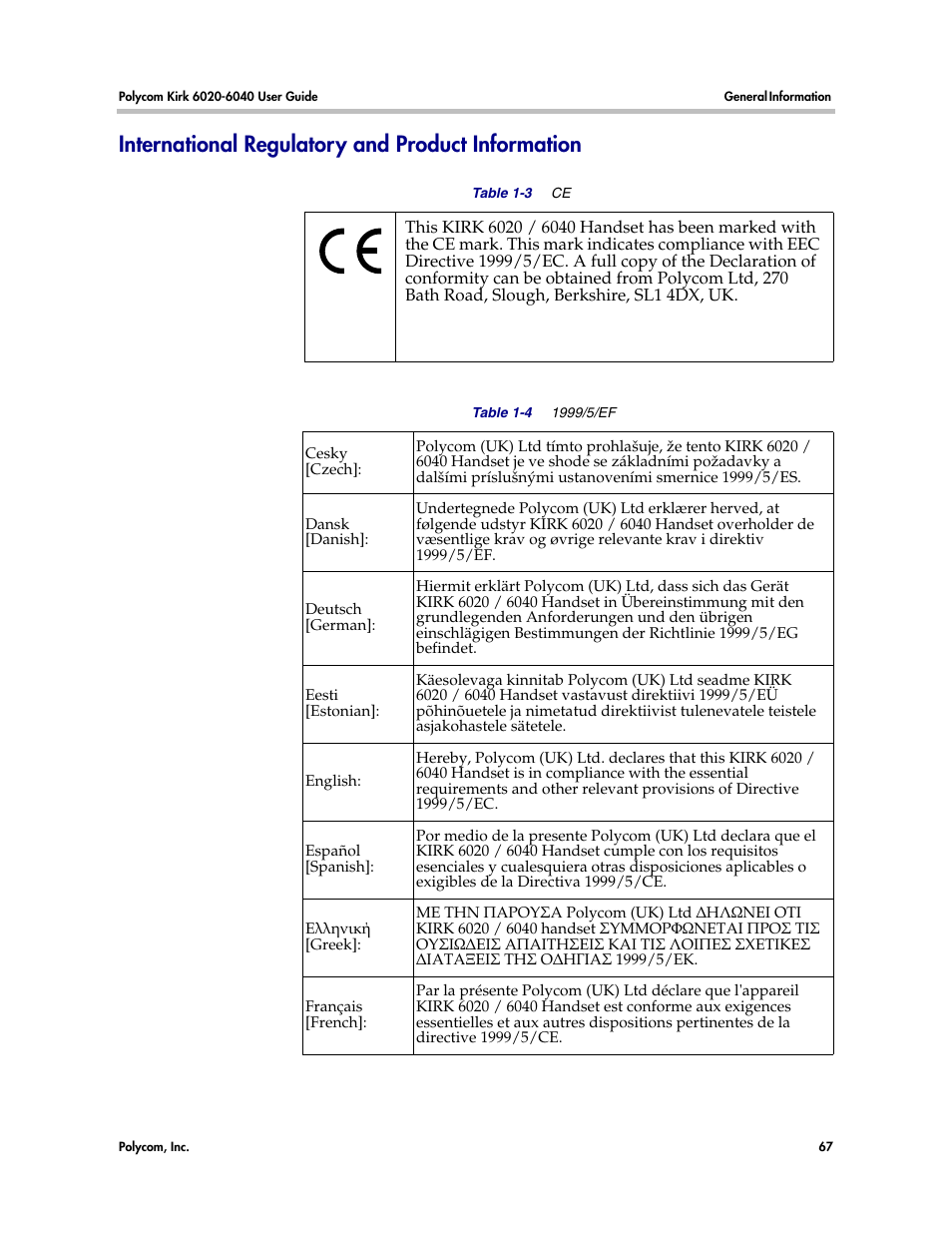 International regulatory and product information | Polycom KIRK 6040 User Manual | Page 66 / 83