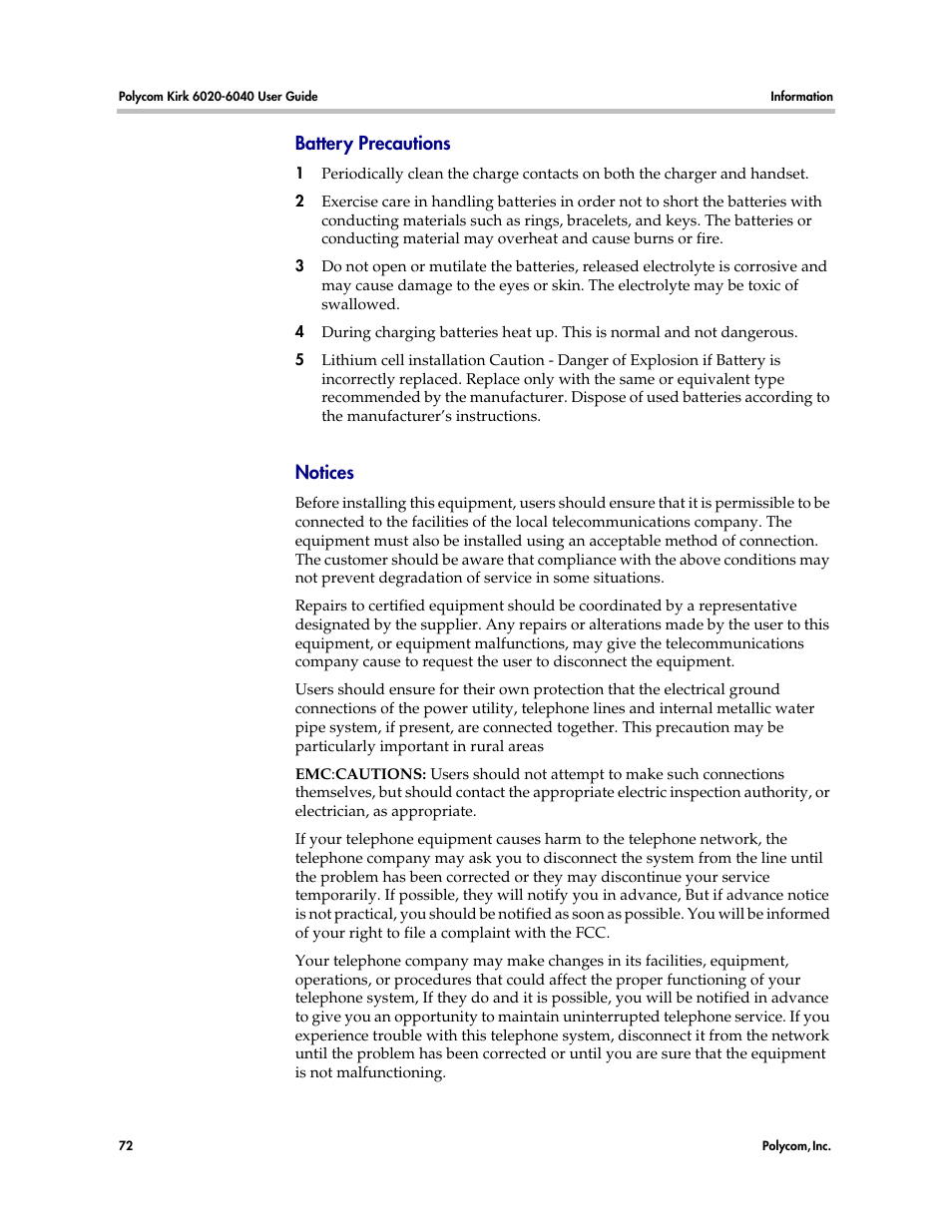 Battery precautions, Notices, Battery precautions notices | Polycom KIRK 6040 User Manual | Page 71 / 83