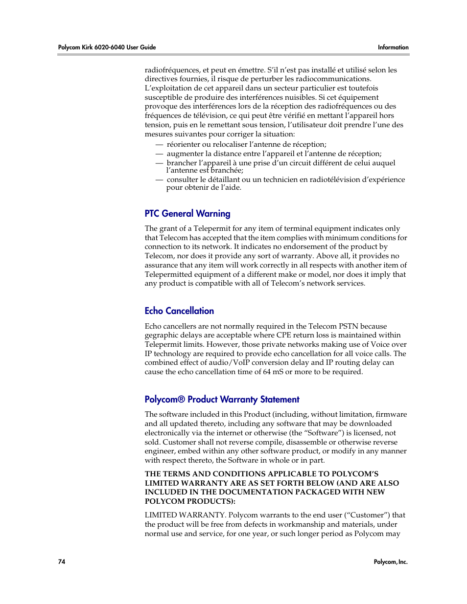 Ptc general warning, Echo cancellation, Polycom® product warranty statement | Polycom KIRK 6040 User Manual | Page 73 / 83