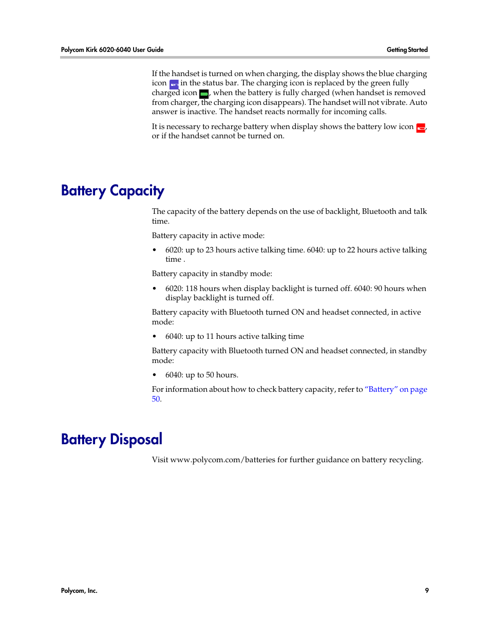 Battery capacity, Battery disposal, Battery capacity battery disposal | Polycom KIRK 6040 User Manual | Page 8 / 83