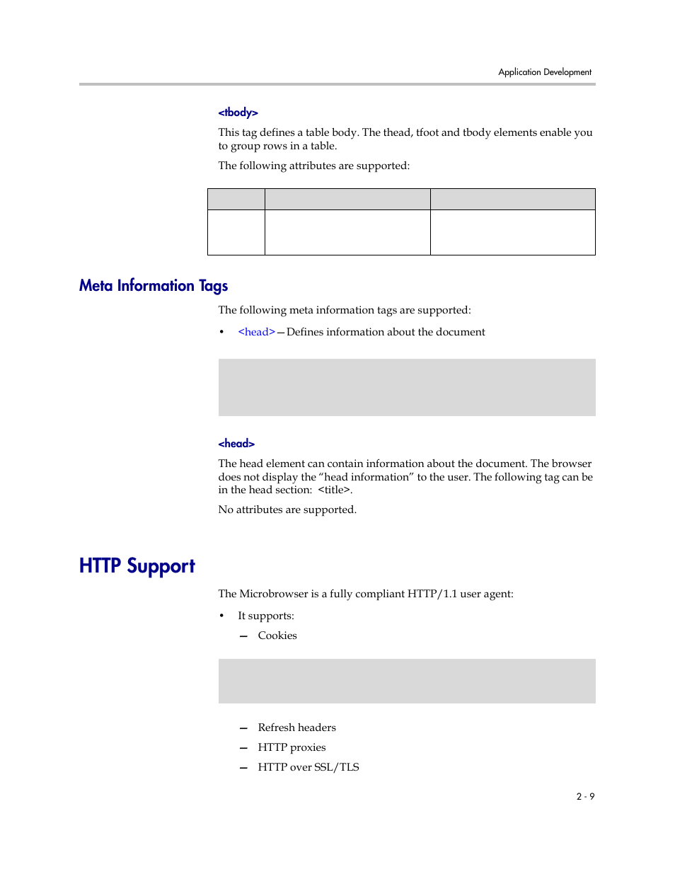 Meta information tags, Http support, Meta information tags –9 | Http support –9, Tbody, Defines a table | Polycom IP Phone 1725-17693-210 Rev. A User Manual | Page 19 / 36