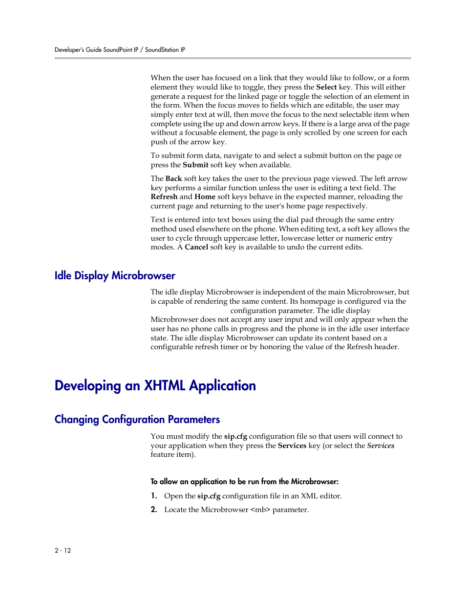 Idle display microbrowser, Developing an xhtml application, Changing configuration parameters | Idle display microbrowser –12, Developing an xhtml application –12, Changing configuration parameters –12 | Polycom IP Phone 1725-17693-210 Rev. A User Manual | Page 22 / 36