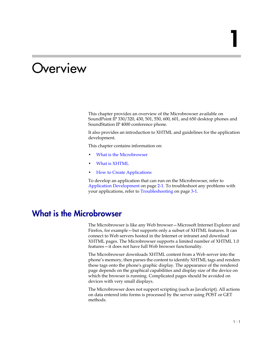 Overview, What is the microbrowser, 1 overview –1 | What is the microbrowser –1 | Polycom IP Phone 1725-17693-210 Rev. A User Manual | Page 7 / 36