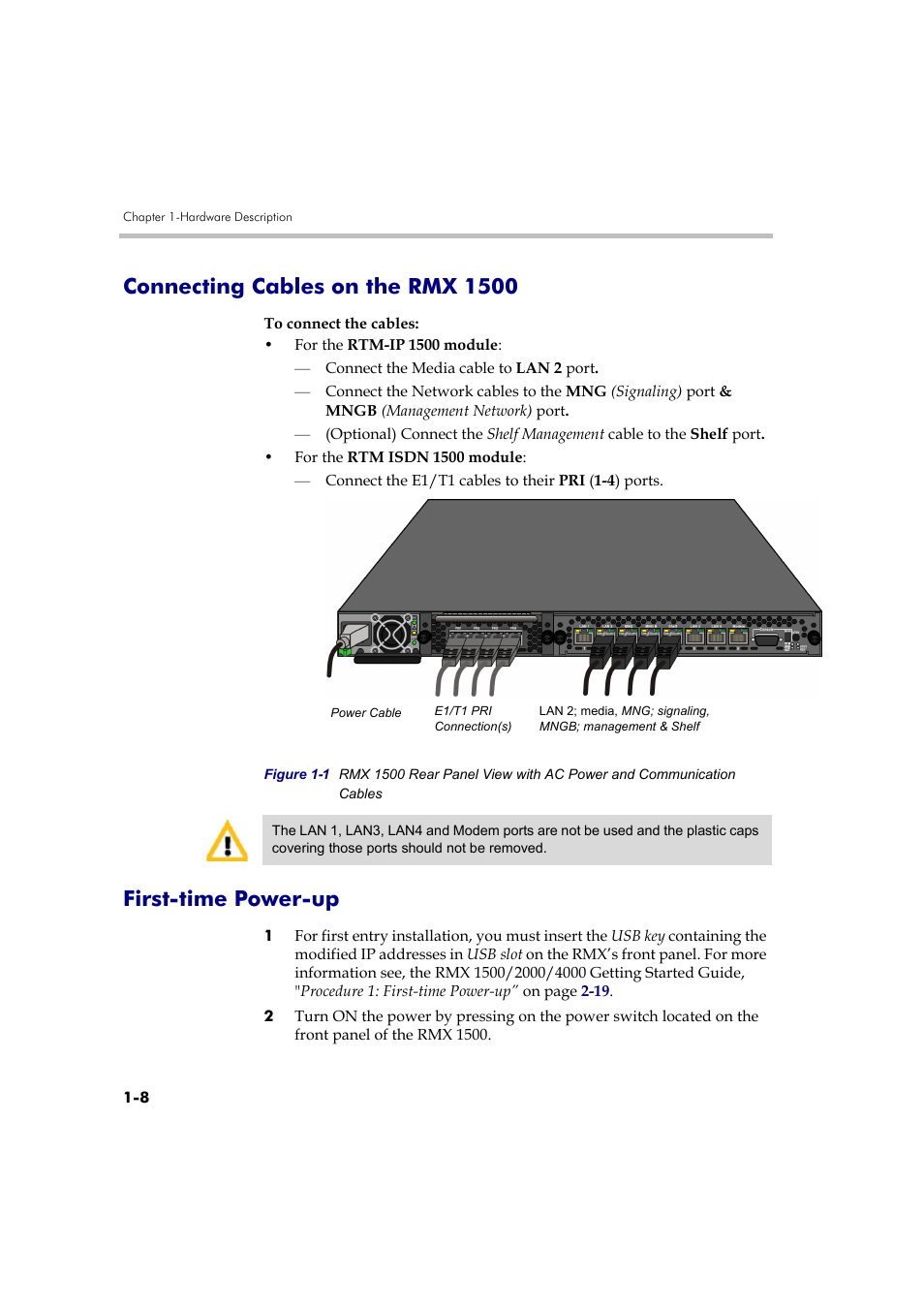 Connecting cables on the rmx 1500, First-time power-up | Polycom DOC2557A User Manual | Page 12 / 29