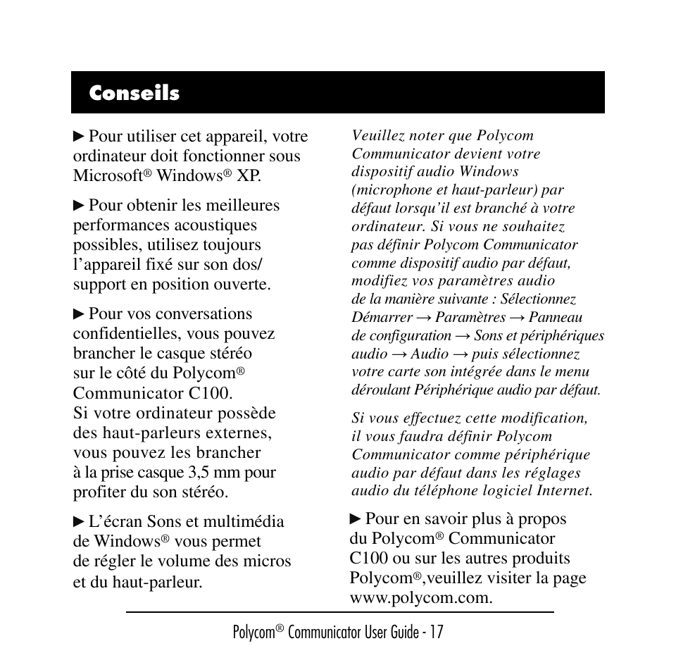 Conseils | Polycom C100 User Manual | Page 19 / 90