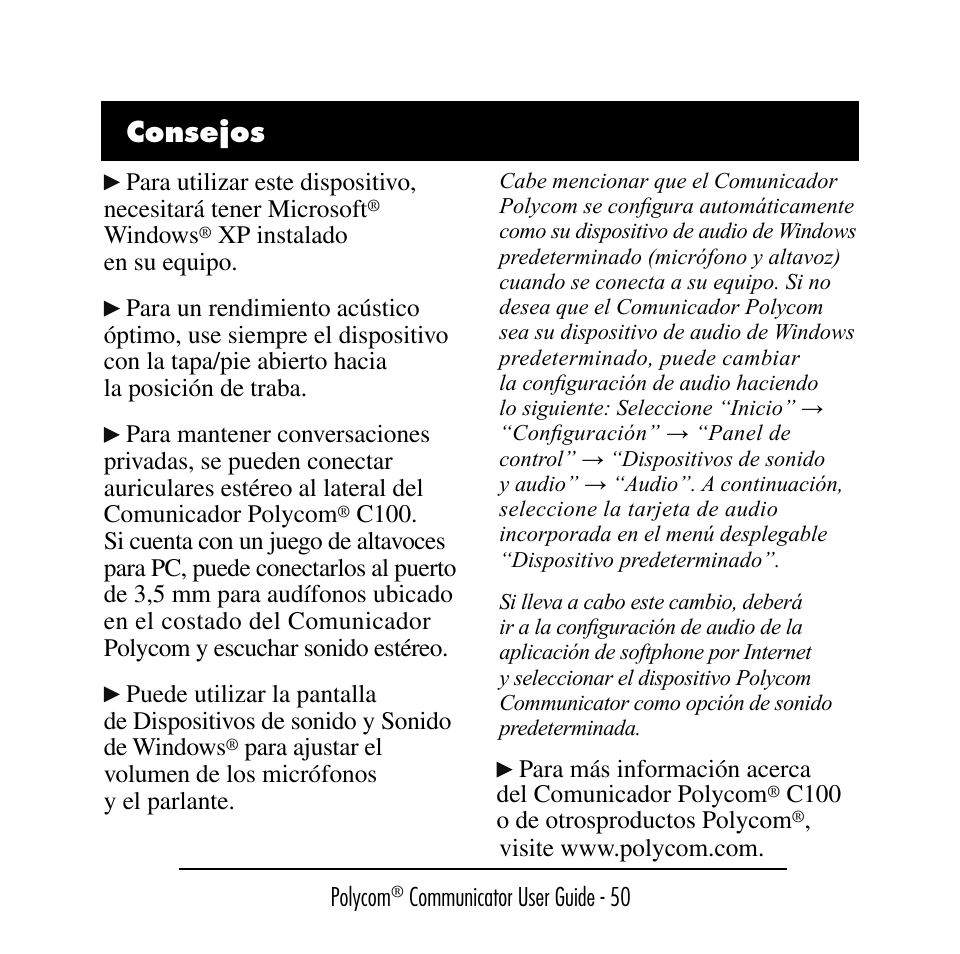 Consejos | Polycom C100 User Manual | Page 52 / 90