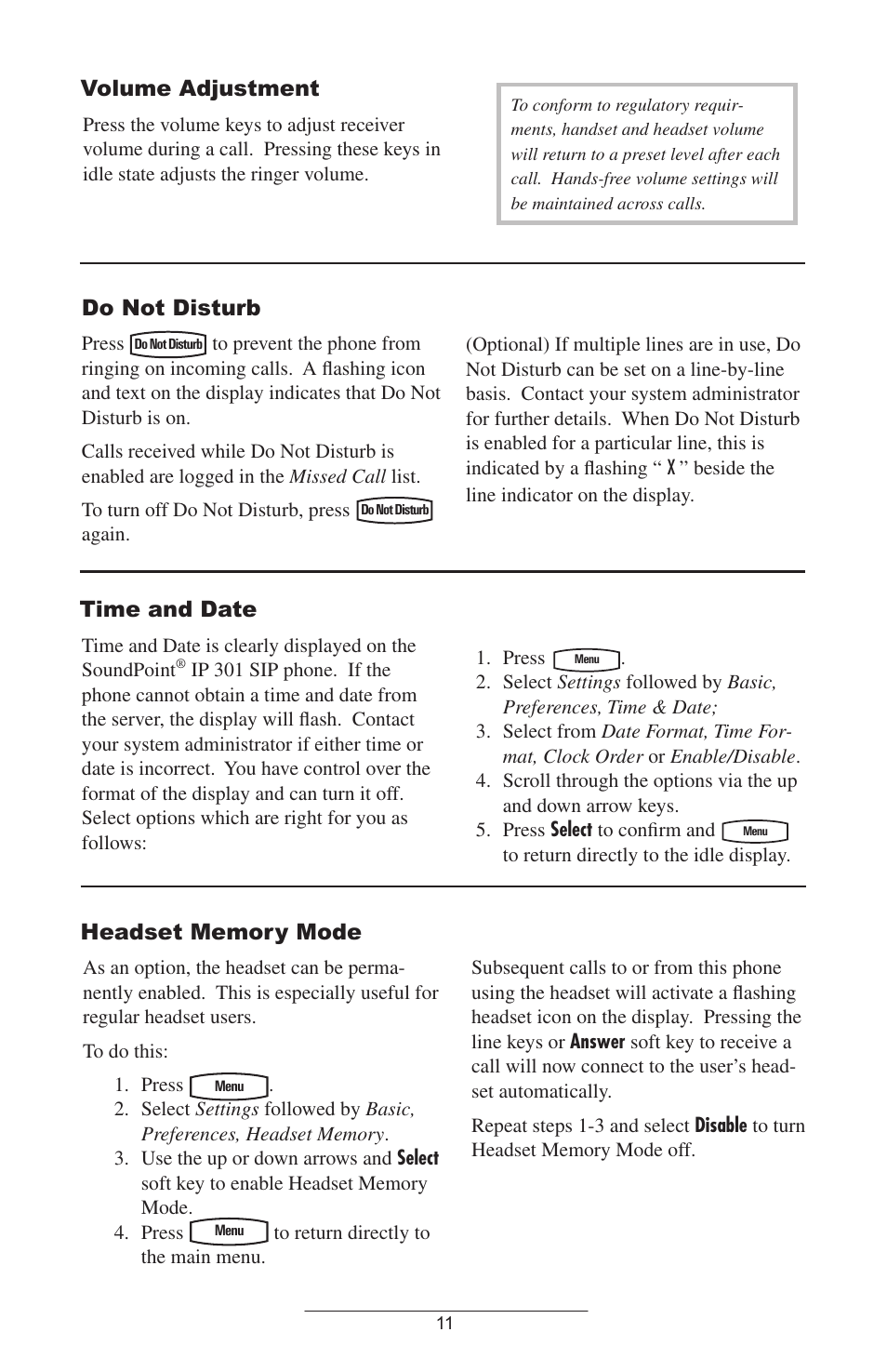 Do not disturb, Time and date, Volume adjustment | Polycom SoundPoint IP 301 SIP User Manual | Page 14 / 30