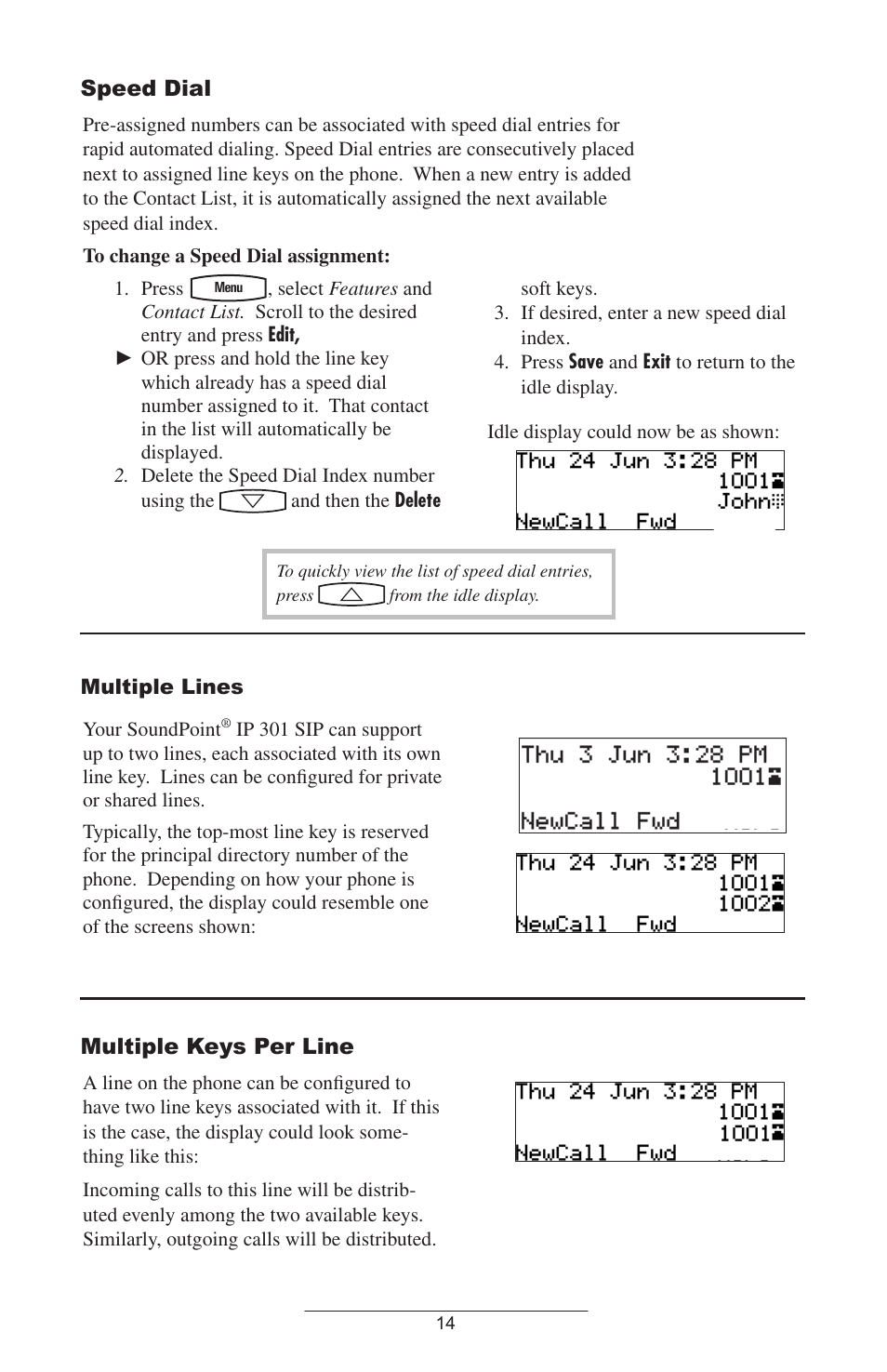 Speed dial, Multiple keys per line | Polycom SoundPoint IP 301 SIP User Manual | Page 17 / 30