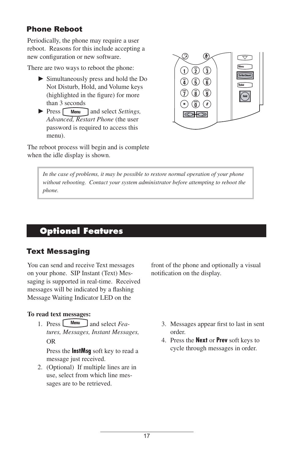 Optional.features, Phone reboot, Text messaging | Polycom SoundPoint IP 301 SIP User Manual | Page 20 / 30