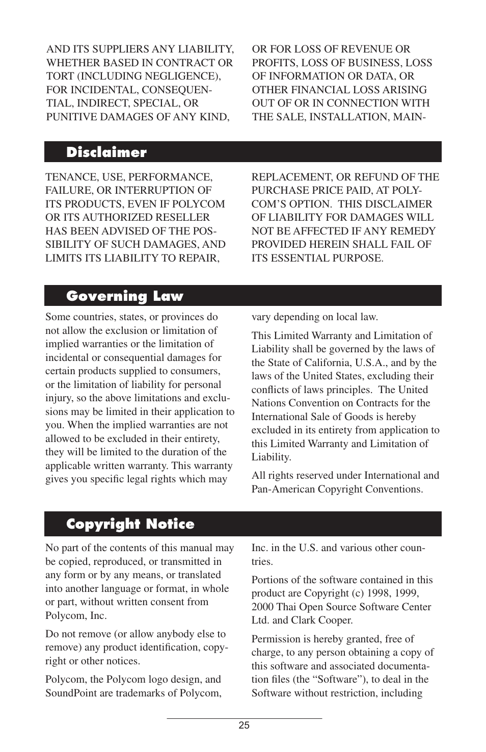 Disclaimer governing.law copyright.notice | Polycom SoundPoint IP 301 SIP User Manual | Page 28 / 30