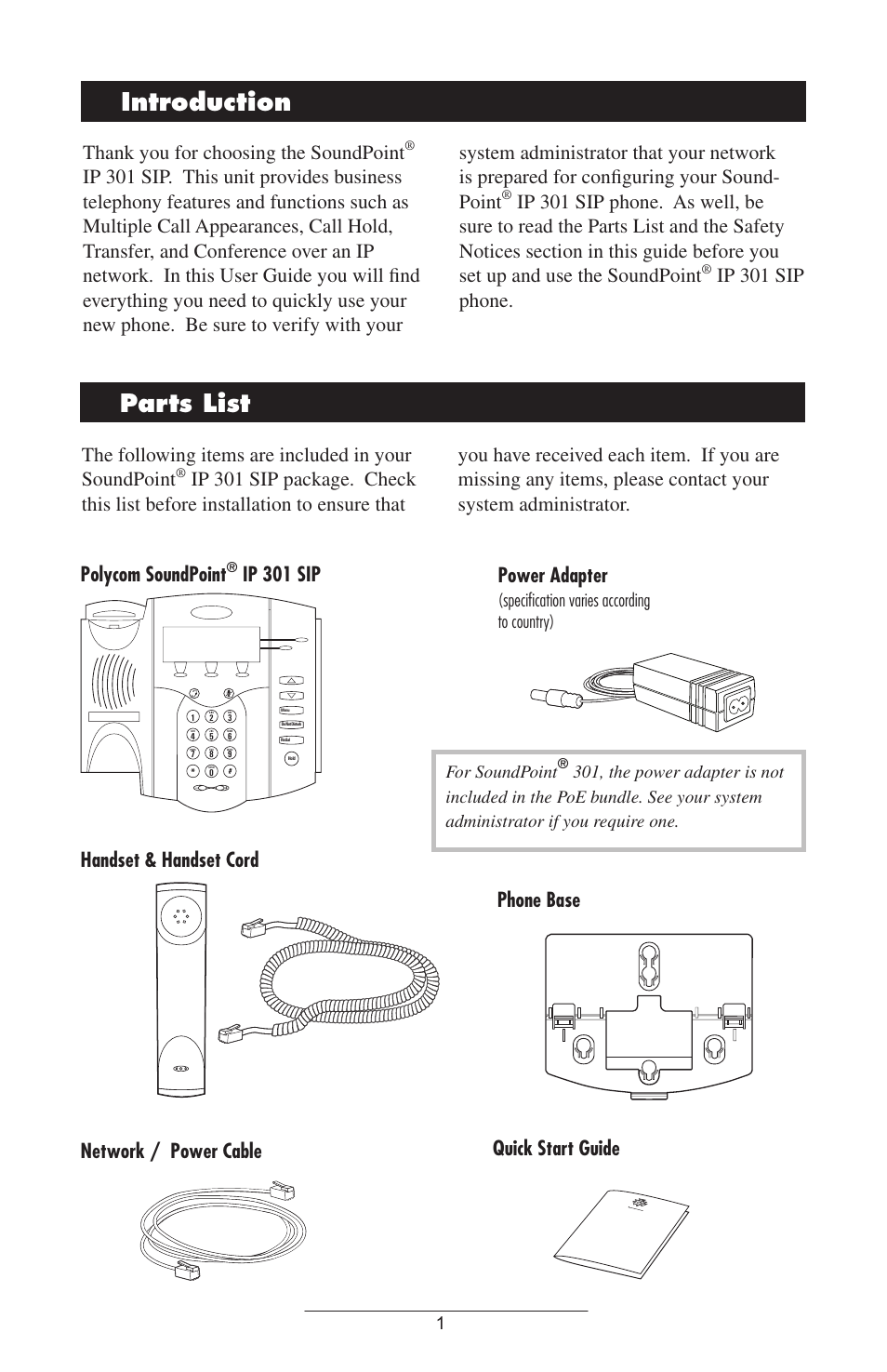 Introduction parts.list, Ip 301 sip phone, Phone base quick start guide | Specification varies according to country), For soundpoint | Polycom SoundPoint IP 301 SIP User Manual | Page 4 / 30