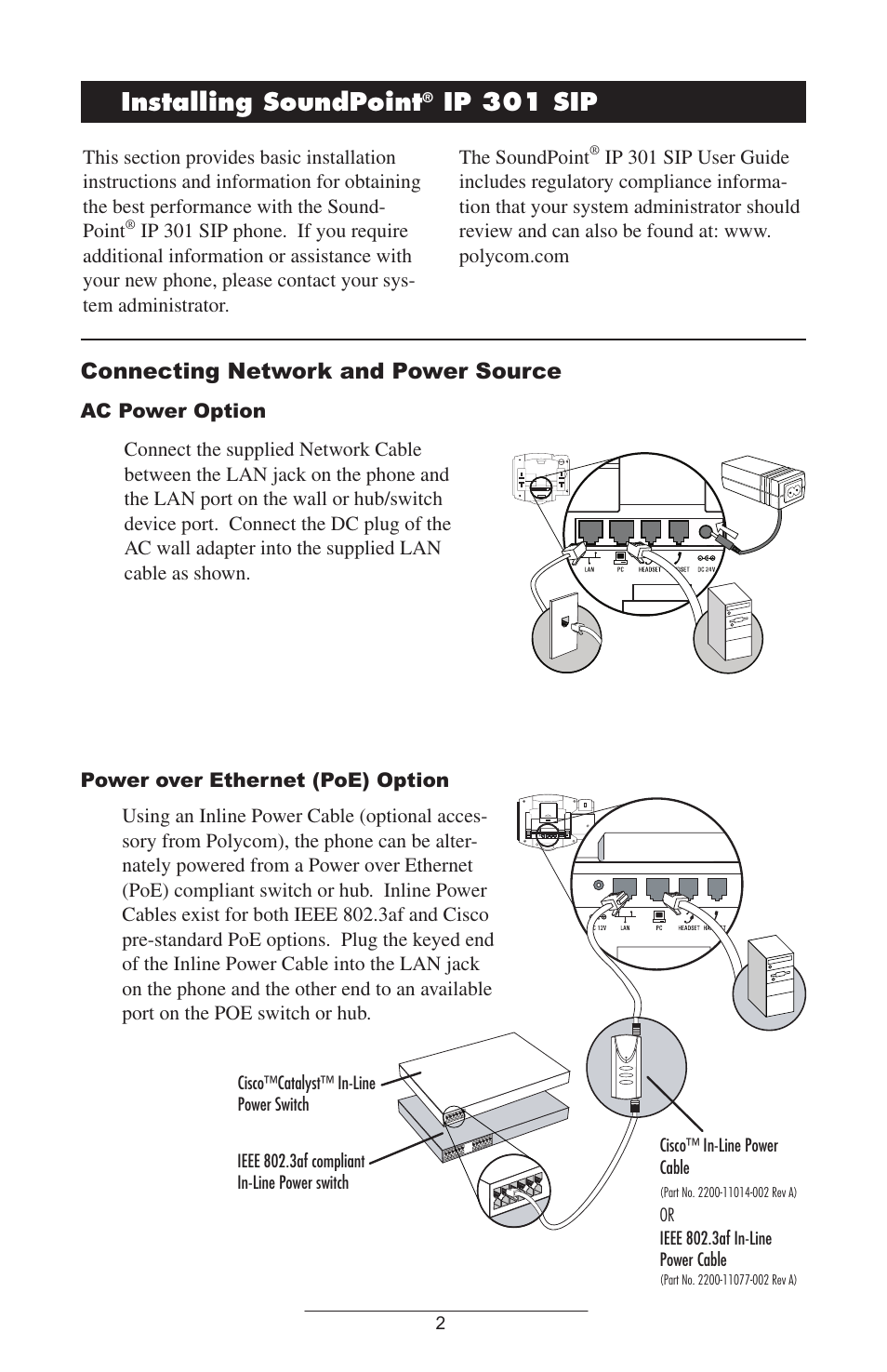 Installing.soundpoint, Ip.301.sip, Connecting network and power source | Polycom SoundPoint IP 301 SIP User Manual | Page 5 / 30