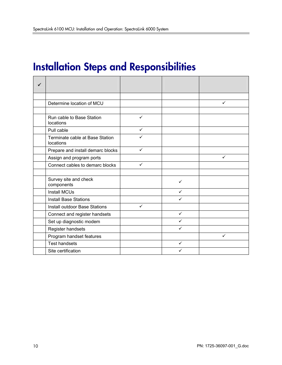 Installation steps and responsibilities | Polycom SpectraLink 6100 MCU User Manual | Page 10 / 60