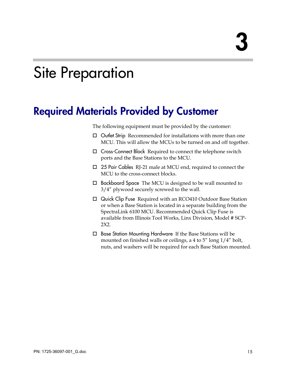 Site preparation, Required materials provided by customer | Polycom SpectraLink 6100 MCU User Manual | Page 15 / 60