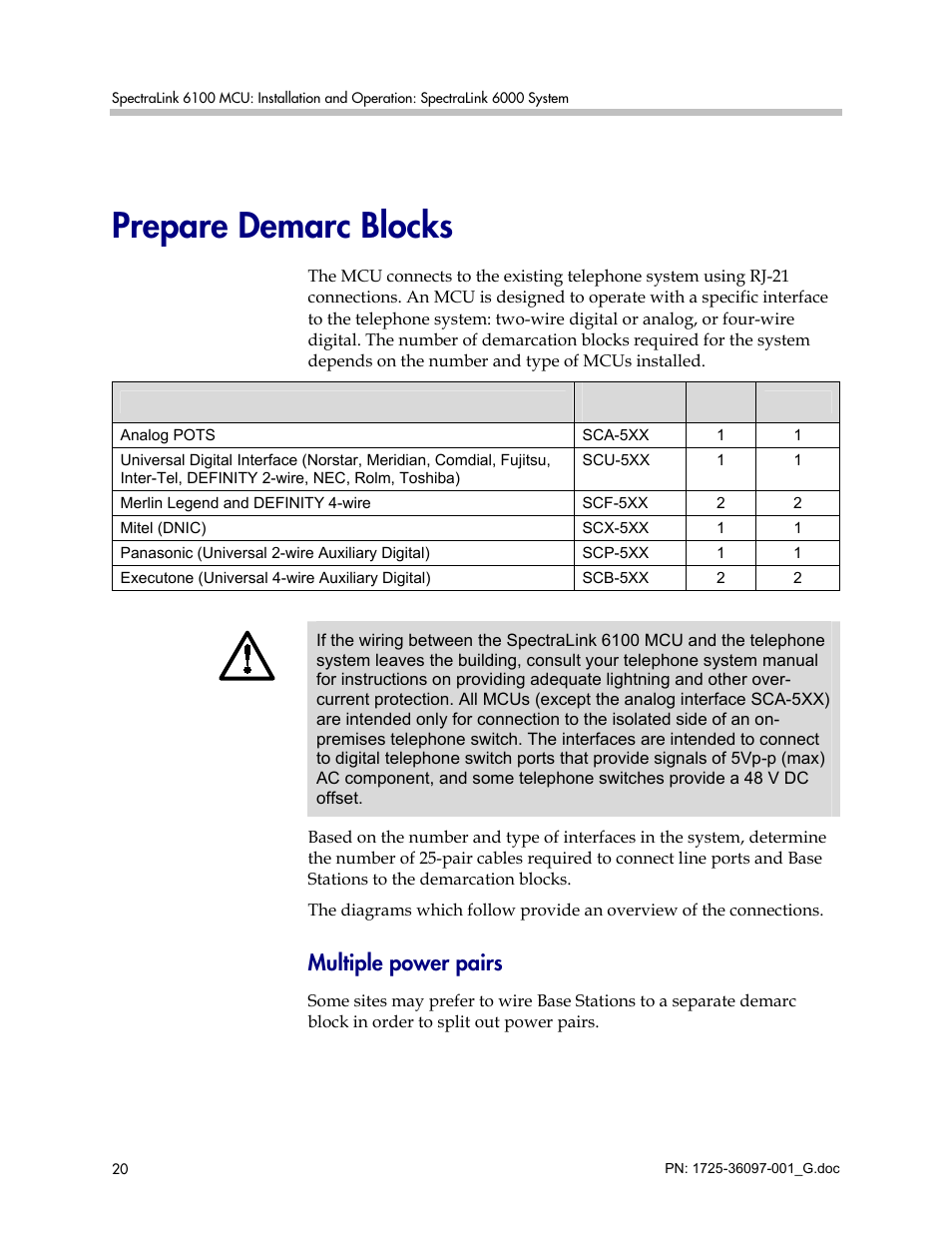 Prepare demarc blocks, Multiple power pairs | Polycom SpectraLink 6100 MCU User Manual | Page 20 / 60