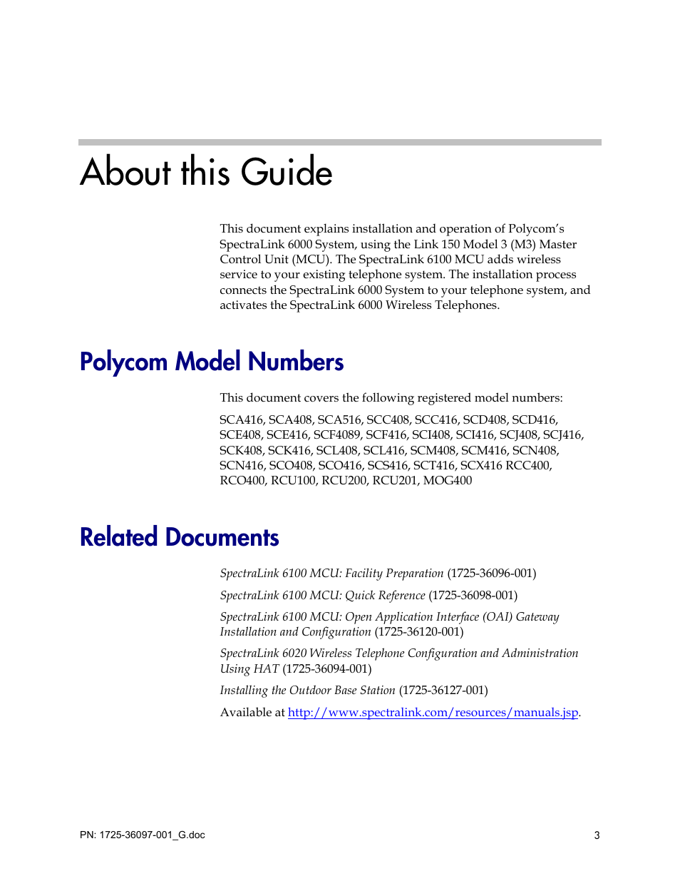 About this guide, Polycom model numbers, Related documents | Polycom SpectraLink 6100 MCU User Manual | Page 3 / 60