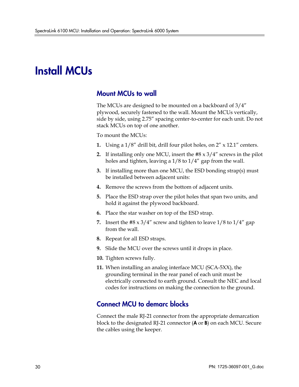 Install mcus, Mount mcus to wall, Connect mcu to demarc blocks | Polycom SpectraLink 6100 MCU User Manual | Page 30 / 60