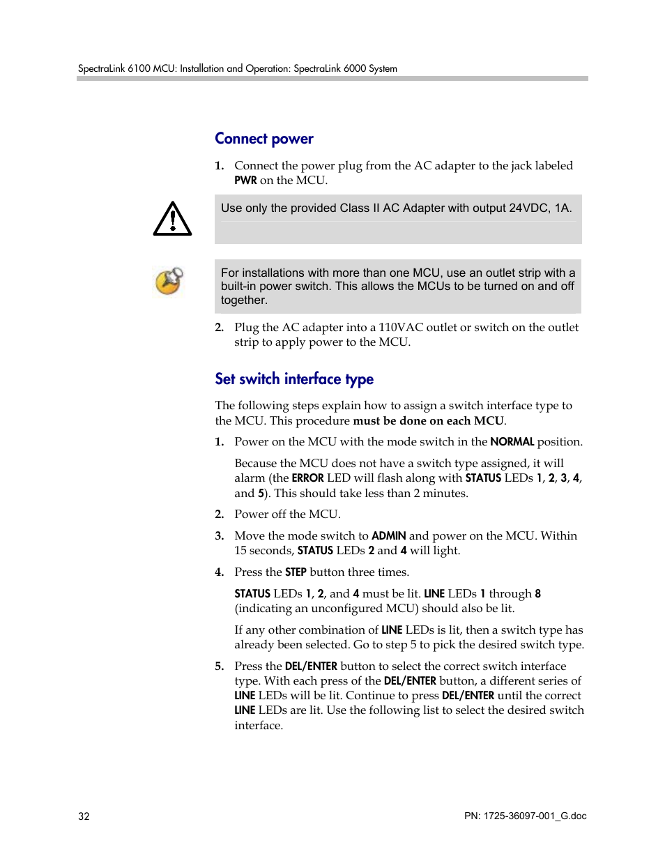 Connect power, Set switch interface type | Polycom SpectraLink 6100 MCU User Manual | Page 32 / 60
