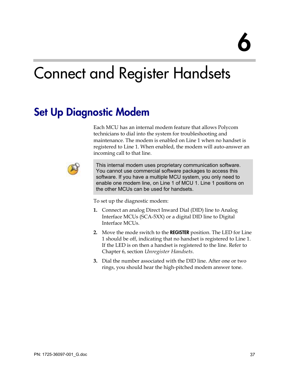 Connect and register handsets, Set up diagnostic modem | Polycom SpectraLink 6100 MCU User Manual | Page 37 / 60