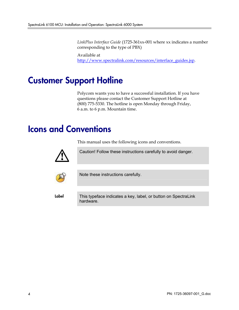 Customer support hotline, Icons and conventions | Polycom SpectraLink 6100 MCU User Manual | Page 4 / 60
