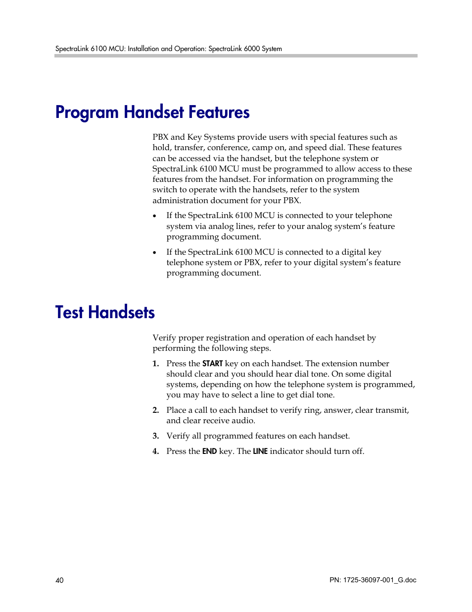 Program handset features, Test handsets, Program handset features test handsets | Polycom SpectraLink 6100 MCU User Manual | Page 40 / 60