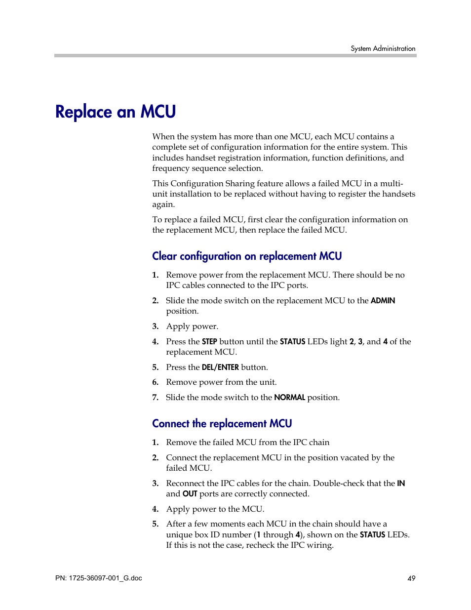 Replace an mcu, Clear configuration on replacement mcu, Connect the replacement mcu | Polycom SpectraLink 6100 MCU User Manual | Page 49 / 60
