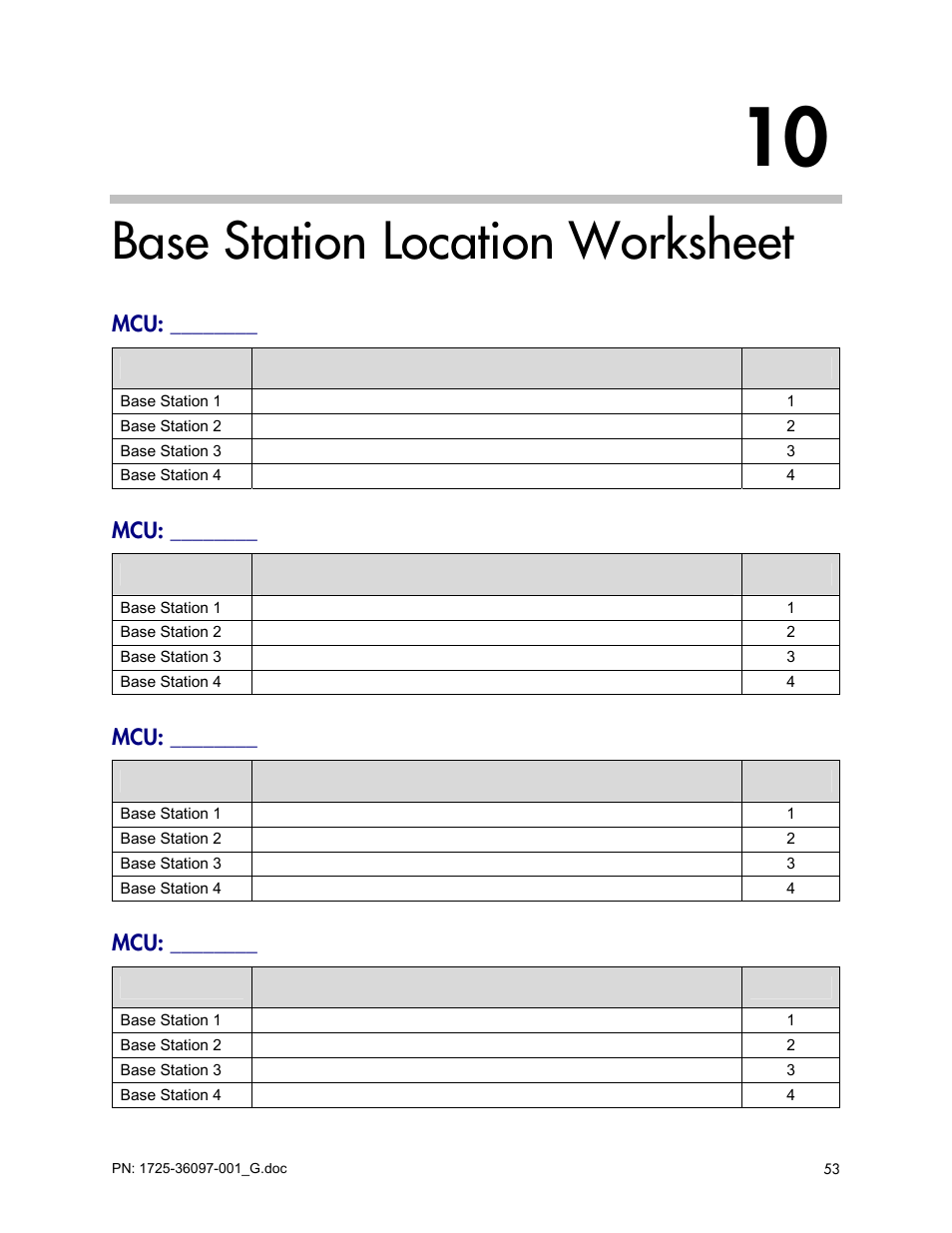 Base station location worksheet | Polycom SpectraLink 6100 MCU User Manual | Page 53 / 60