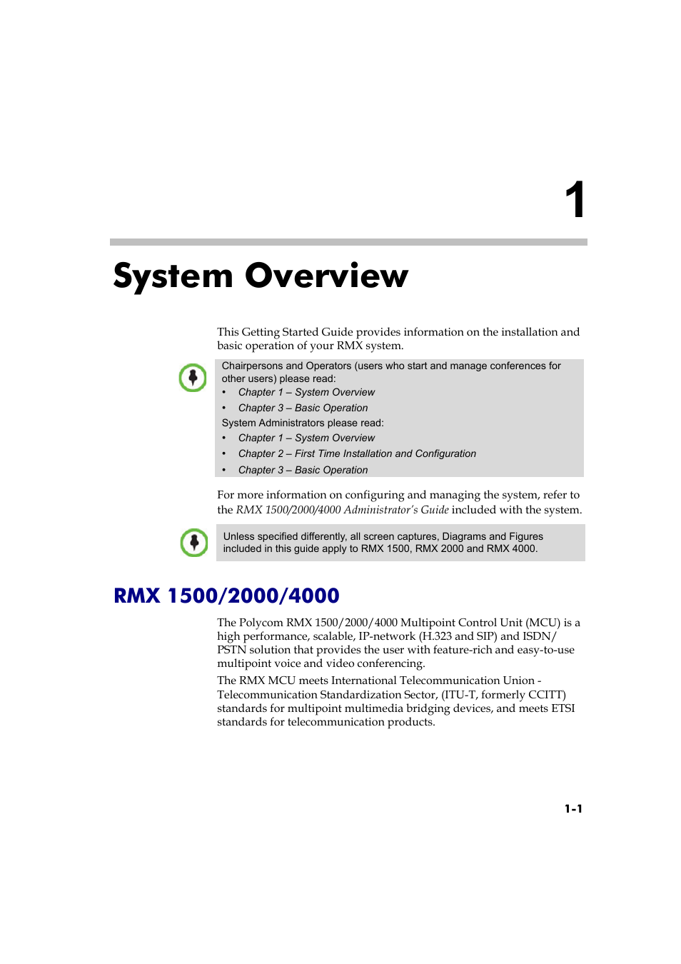 System overview, Rmx 1500/2000/4000, System overview -1 | Rmx 1500/2000/4000 -1 | Polycom RMX DOC2579D User Manual | Page 11 / 160