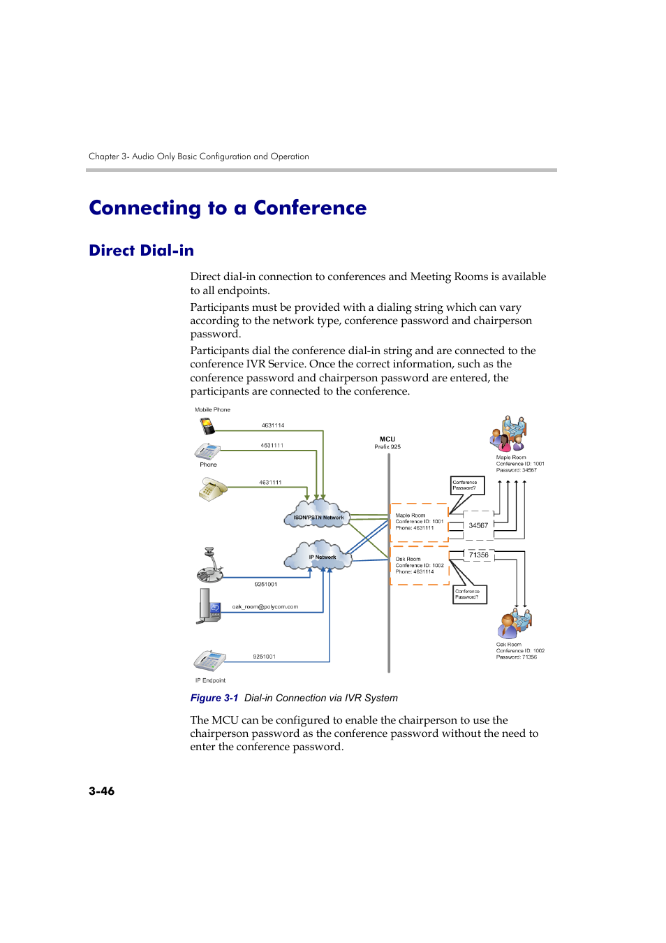 Connecting to a conference, Direct dial-in, Connecting to a conference -46 | Direct dial-in -46 | Polycom RMX DOC2579D User Manual | Page 122 / 160
