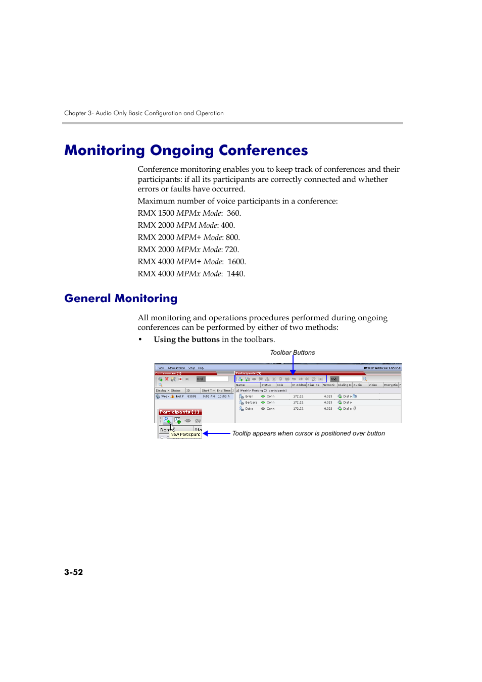 Monitoring ongoing conferences, General monitoring, Monitoring ongoing conferences -52 | General monitoring -52 | Polycom RMX DOC2579D User Manual | Page 128 / 160