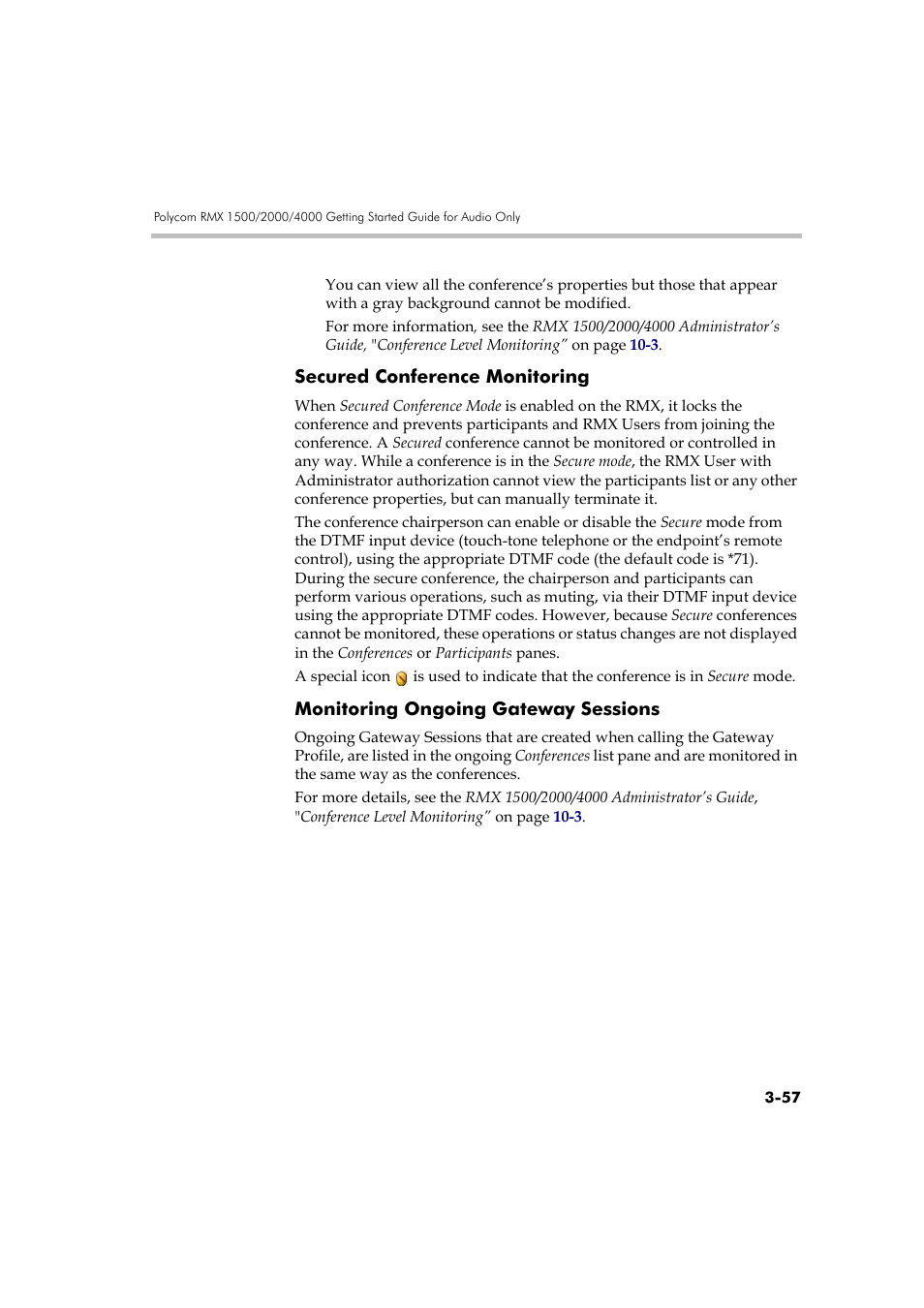 Secured conference monitoring, Monitoring ongoing gateway sessions | Polycom RMX DOC2579D User Manual | Page 133 / 160