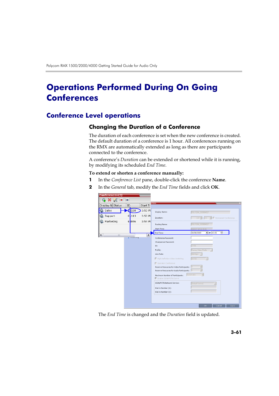 Operations performed during on going conferences, Conference level operations, Changing the duration of a conference | Conference level operations -61, Changing the duration of a conference -61 | Polycom RMX DOC2579D User Manual | Page 137 / 160