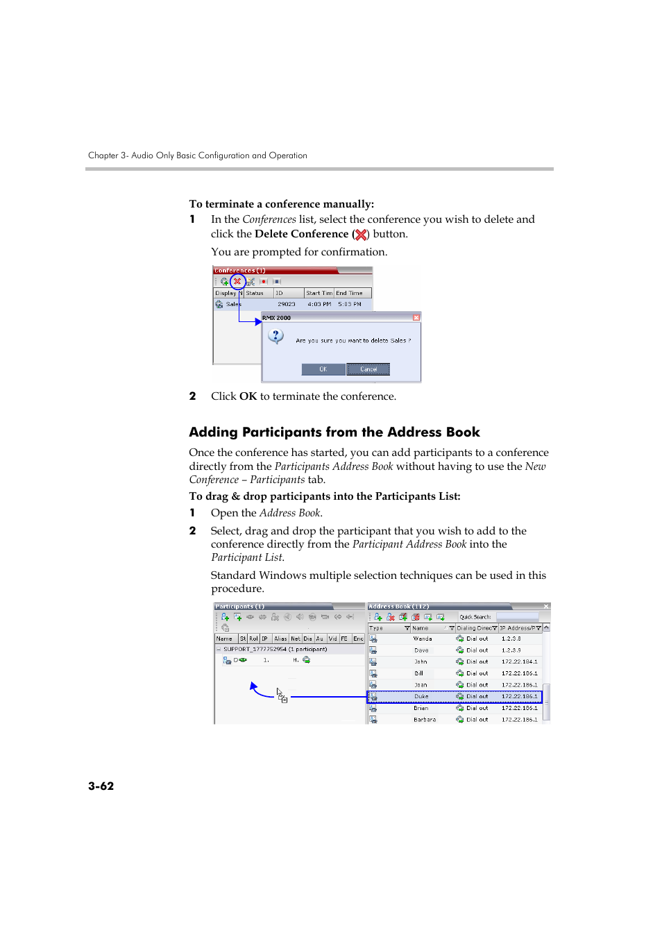 Adding participants from the address book, Adding participants from the address book -62, Adding participants from the address book” on | Polycom RMX DOC2579D User Manual | Page 138 / 160