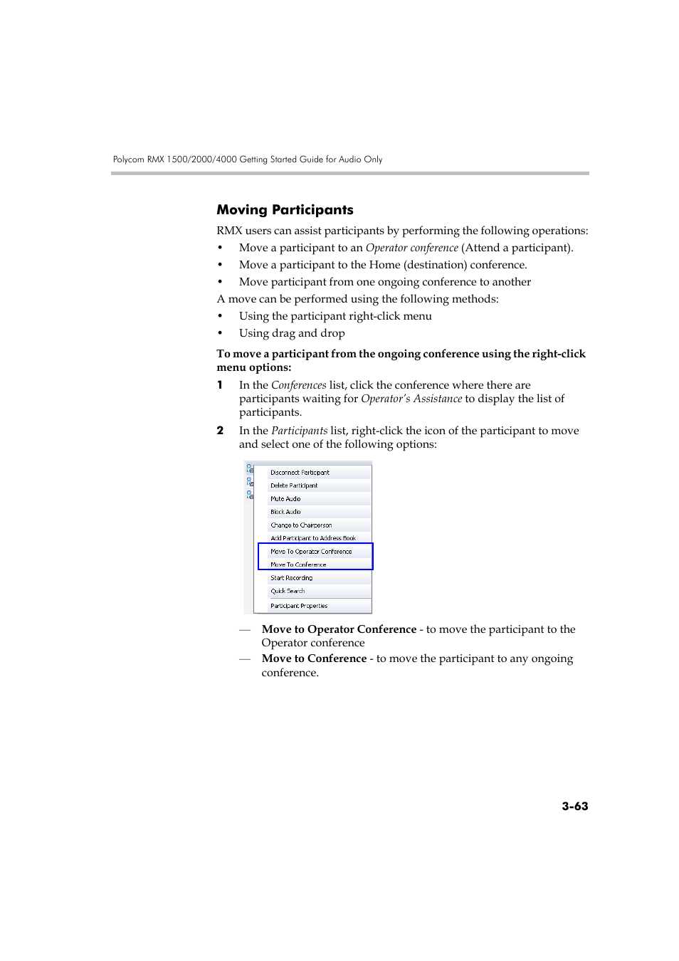 Moving participants, Moving participants -63 | Polycom RMX DOC2579D User Manual | Page 139 / 160