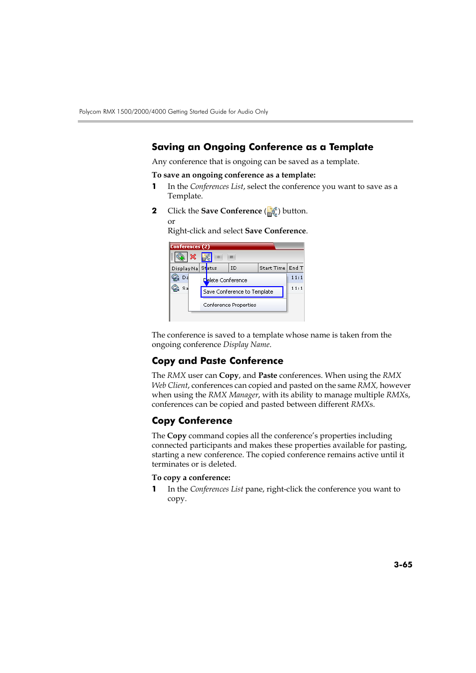 Saving an ongoing conference as a template, Copy and paste conference, Copy conference | Polycom RMX DOC2579D User Manual | Page 141 / 160