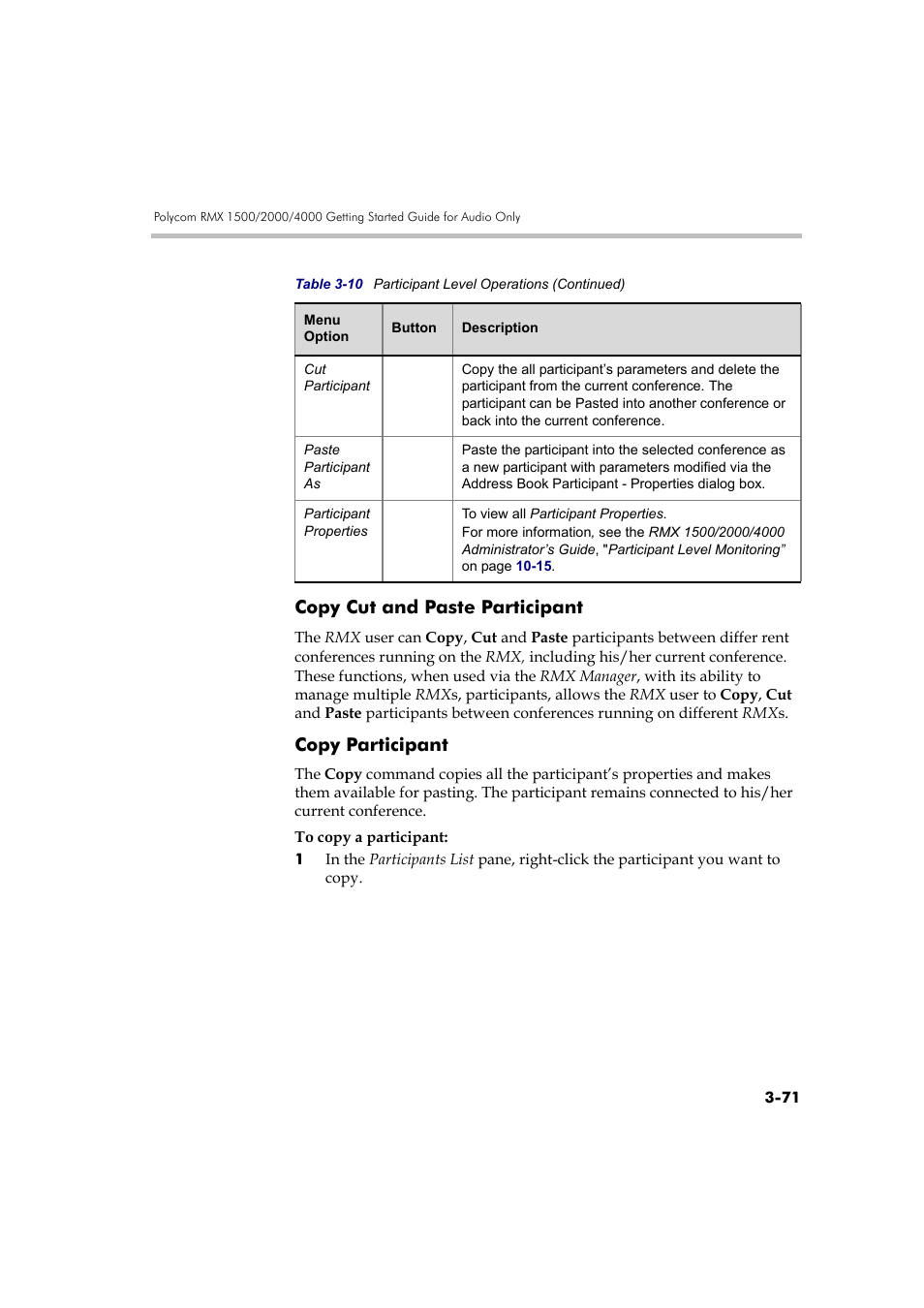 Copy cut and paste participant, Copy participant | Polycom RMX DOC2579D User Manual | Page 147 / 160