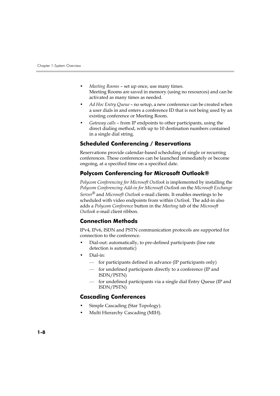 Scheduled conferencing / reservations, Polycom conferencing for microsoft outlook, Connection methods | Cascading conferences | Polycom RMX DOC2579D User Manual | Page 18 / 160