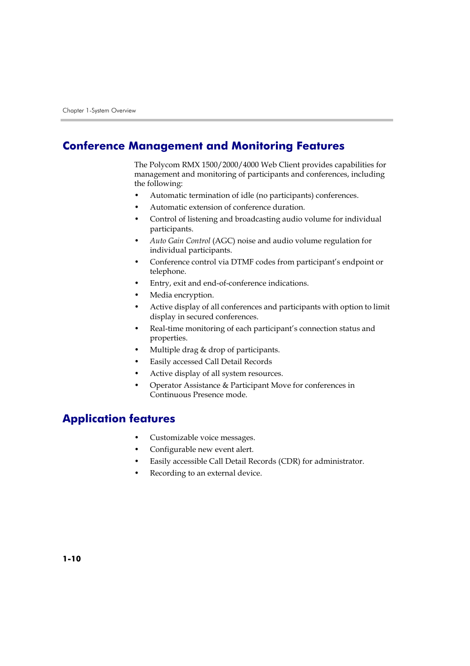 Conference management and monitoring features, Application features | Polycom RMX DOC2579D User Manual | Page 20 / 160