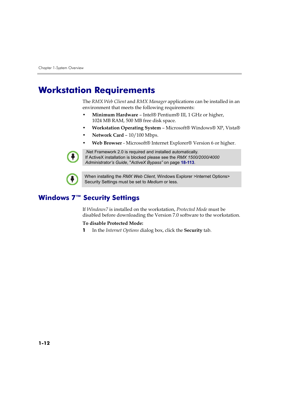 Workstation requirements, Windows 7™ security settings, Workstation requirements -12 | Windows 7™ security settings -12 | Polycom RMX DOC2579D User Manual | Page 22 / 160