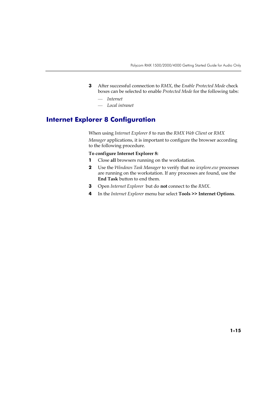 Internet explorer 8 configuration, Internet explorer 8 configuration -15 | Polycom RMX DOC2579D User Manual | Page 25 / 160