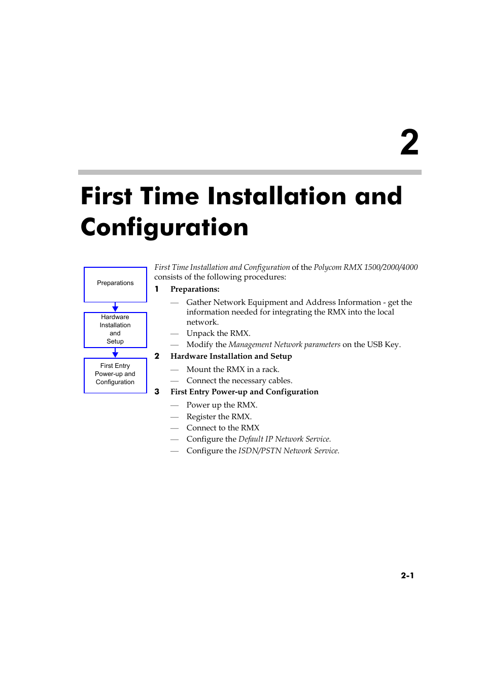 First time installation and configuration, First time installation and configuration -1 | Polycom RMX DOC2579D User Manual | Page 31 / 160