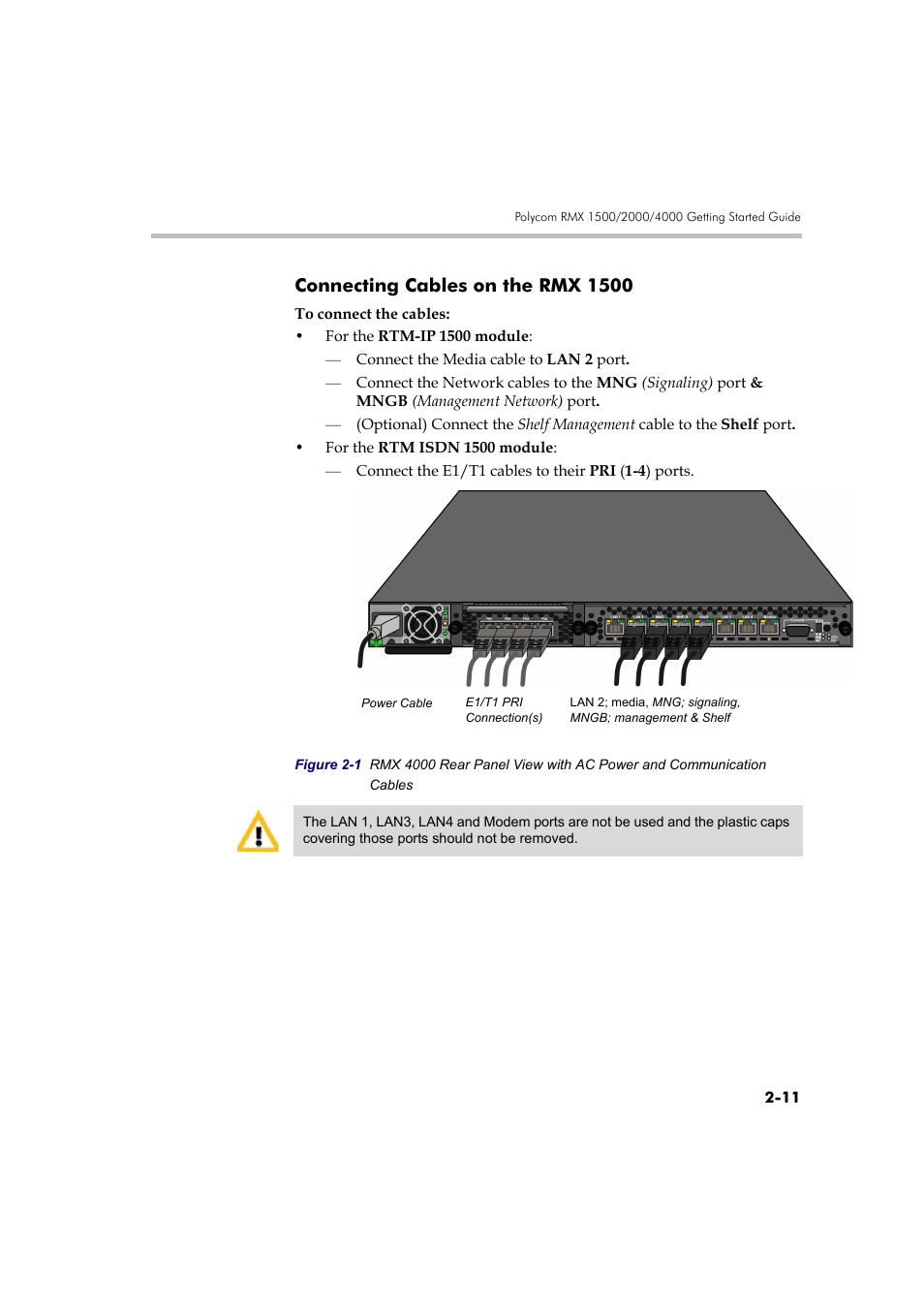 Connecting cables on the rmx 1500, Connecting cables on the rmx 1500 -11 | Polycom RMX DOC2579D User Manual | Page 41 / 160