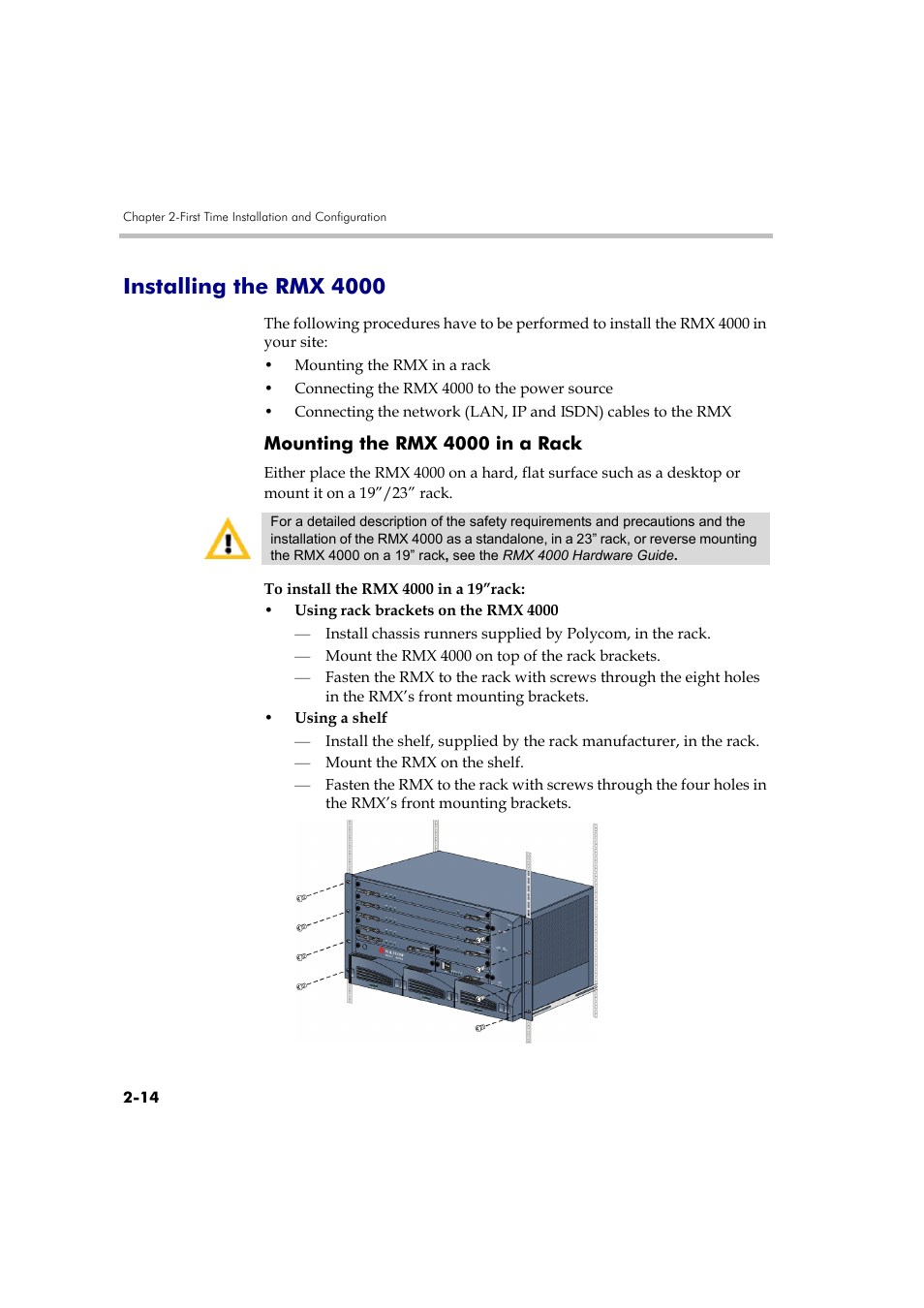 Installing the rmx 4000, Mounting the rmx 4000 in a rack, Installing the rmx 4000 -14 | Mounting the rmx 4000 in a rack -14 | Polycom RMX DOC2579D User Manual | Page 44 / 160