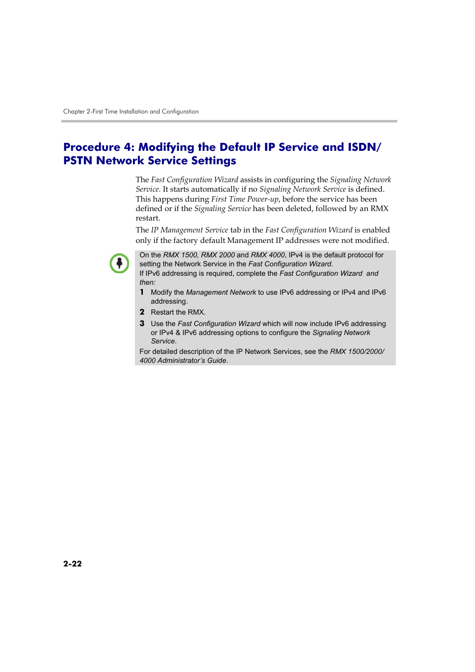 Procedure 4: modifying the default ip service, And isdn/pstn network service settings -22 | Polycom RMX DOC2579D User Manual | Page 52 / 160
