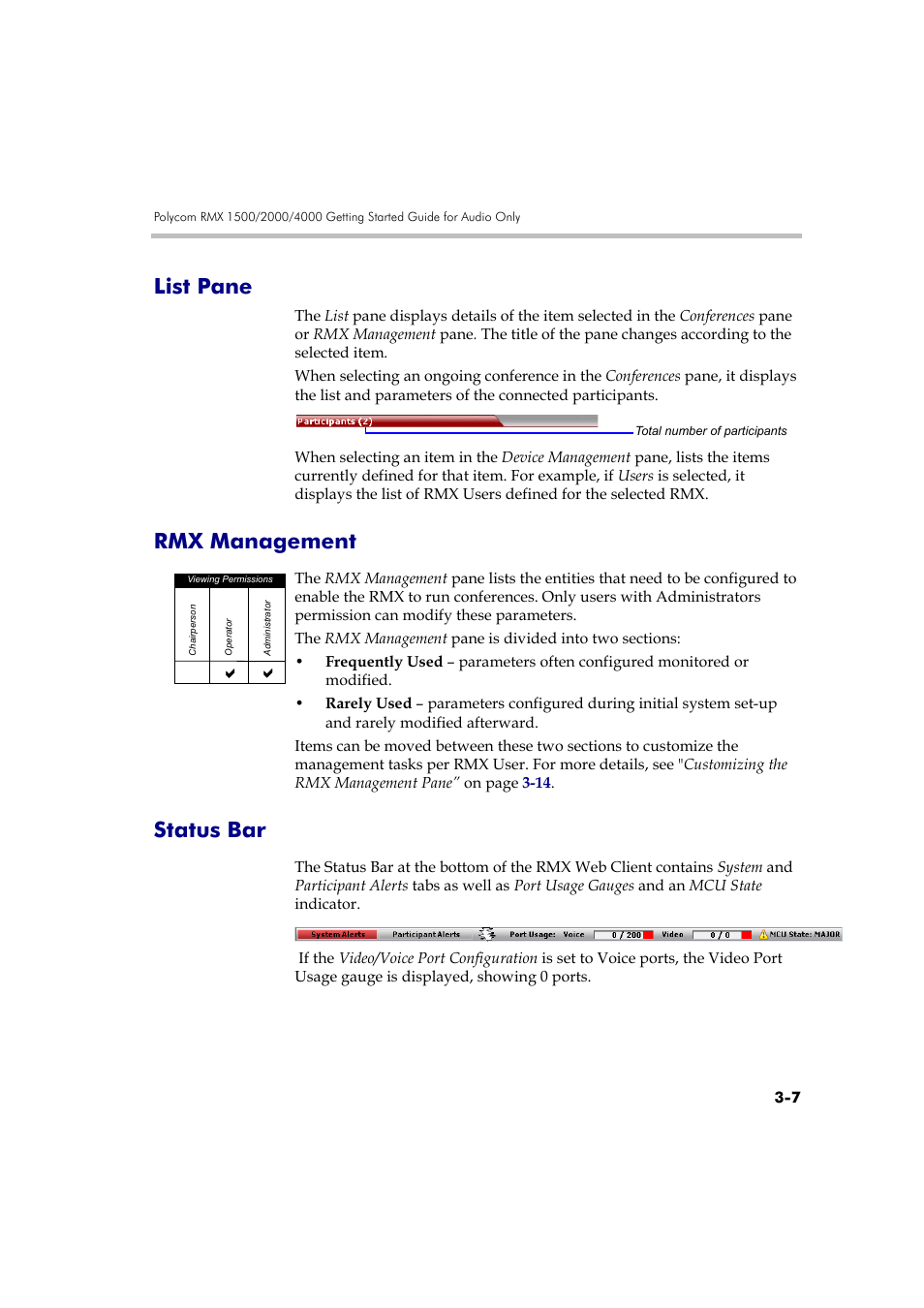 List pane, Rmx management, Status bar | List pane -7 rmx management -7 status bar -7 | Polycom RMX DOC2579D User Manual | Page 83 / 160