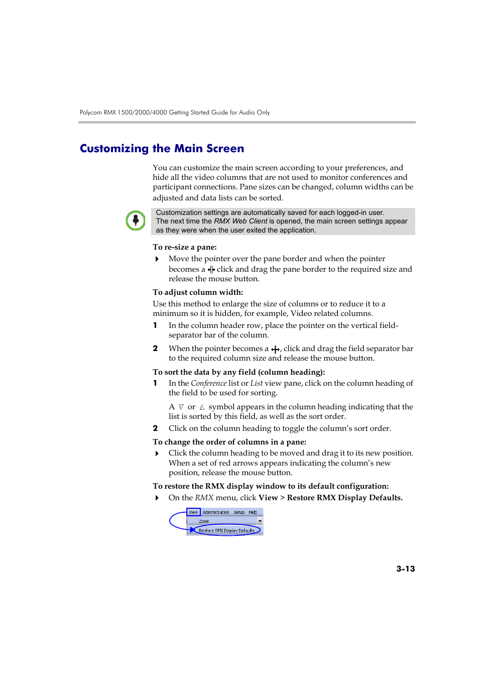 Customizing the main screen, Customizing the main screen -13 | Polycom RMX DOC2579D User Manual | Page 89 / 160