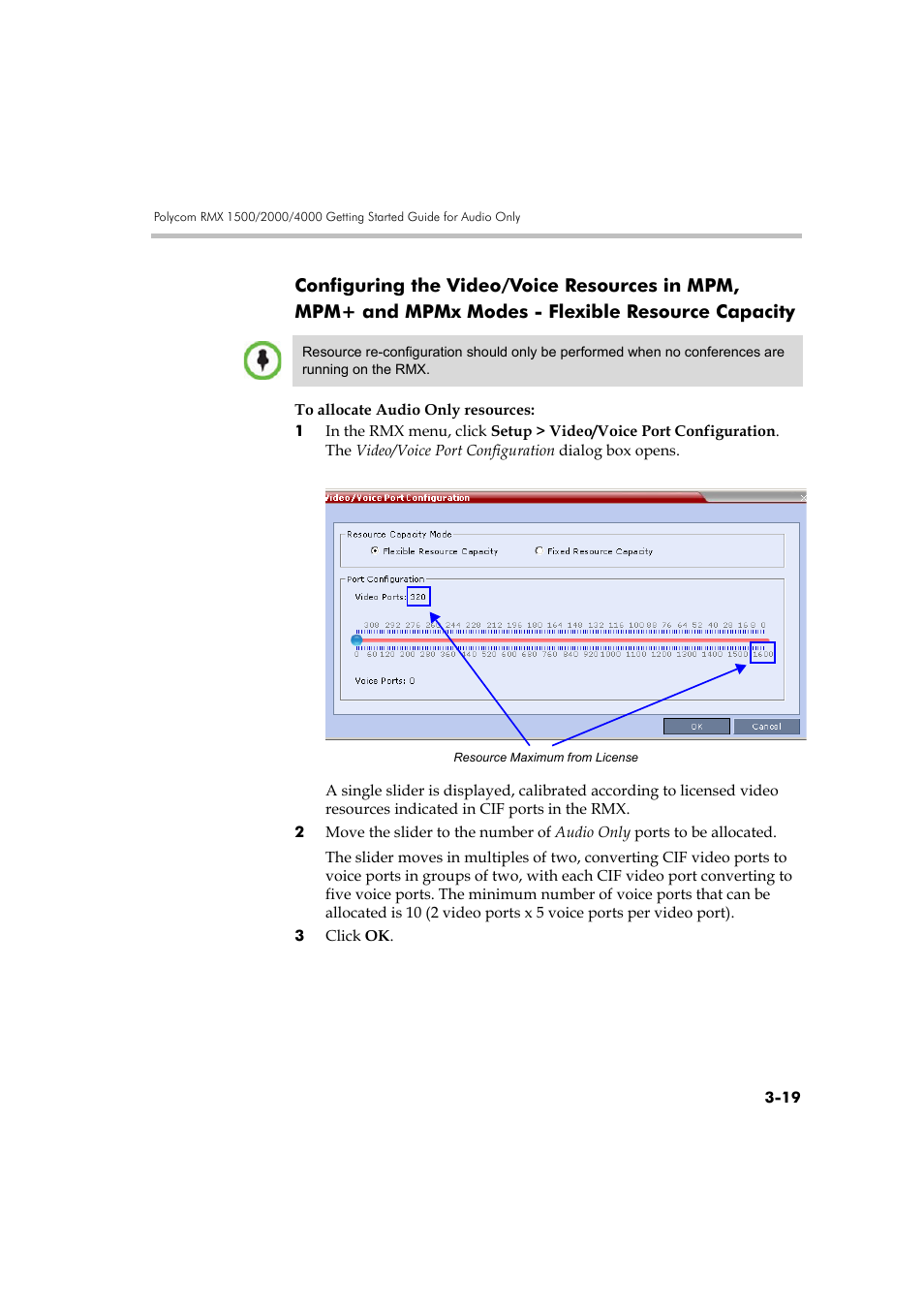 Configuring the video/voice resources in, Mpm, mpm+ and mpmx modes - flexible resource, Capacity -19 | Polycom RMX DOC2579D User Manual | Page 95 / 160