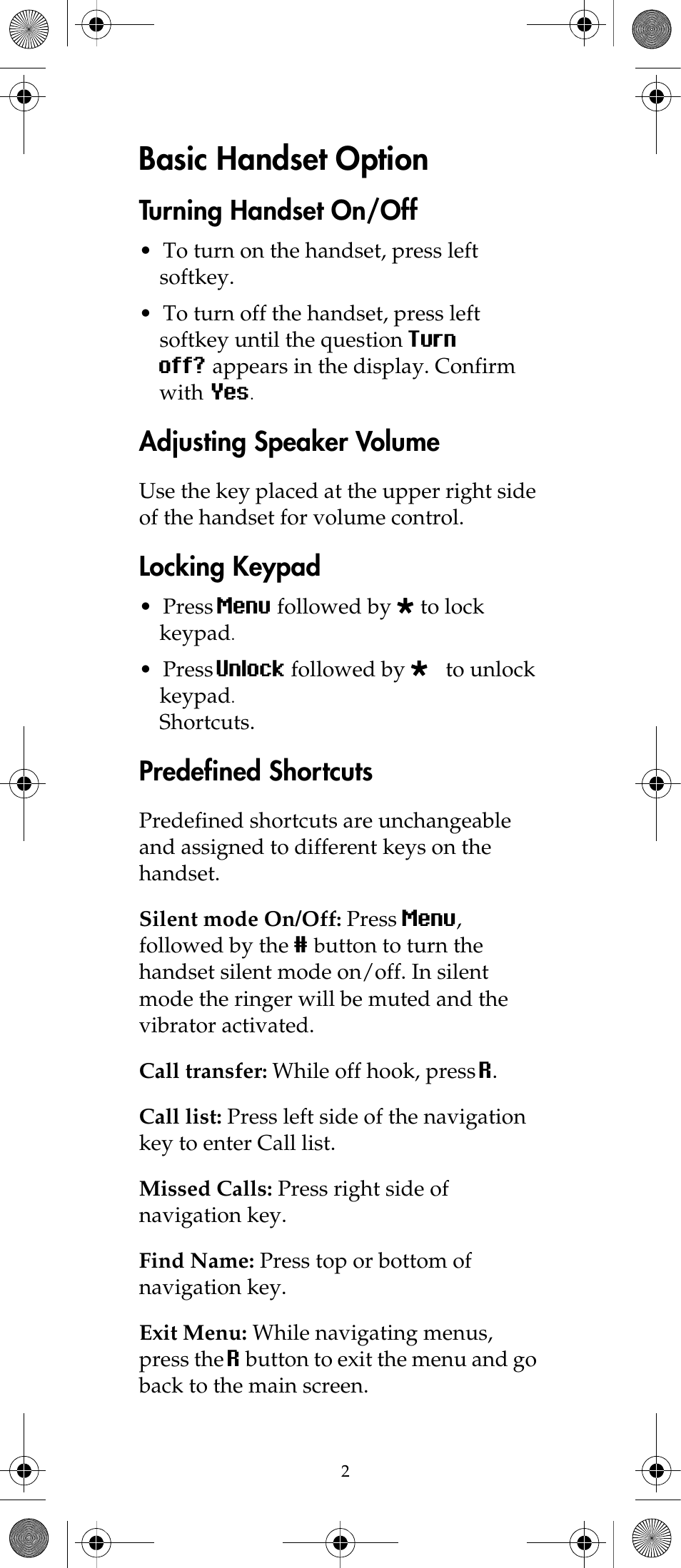 Basic handset option, Turning handset on/off, Adjusting speaker volume | Locking keypad, Predefined shortcuts | Polycom KIRK 7040 User Manual | Page 2 / 76