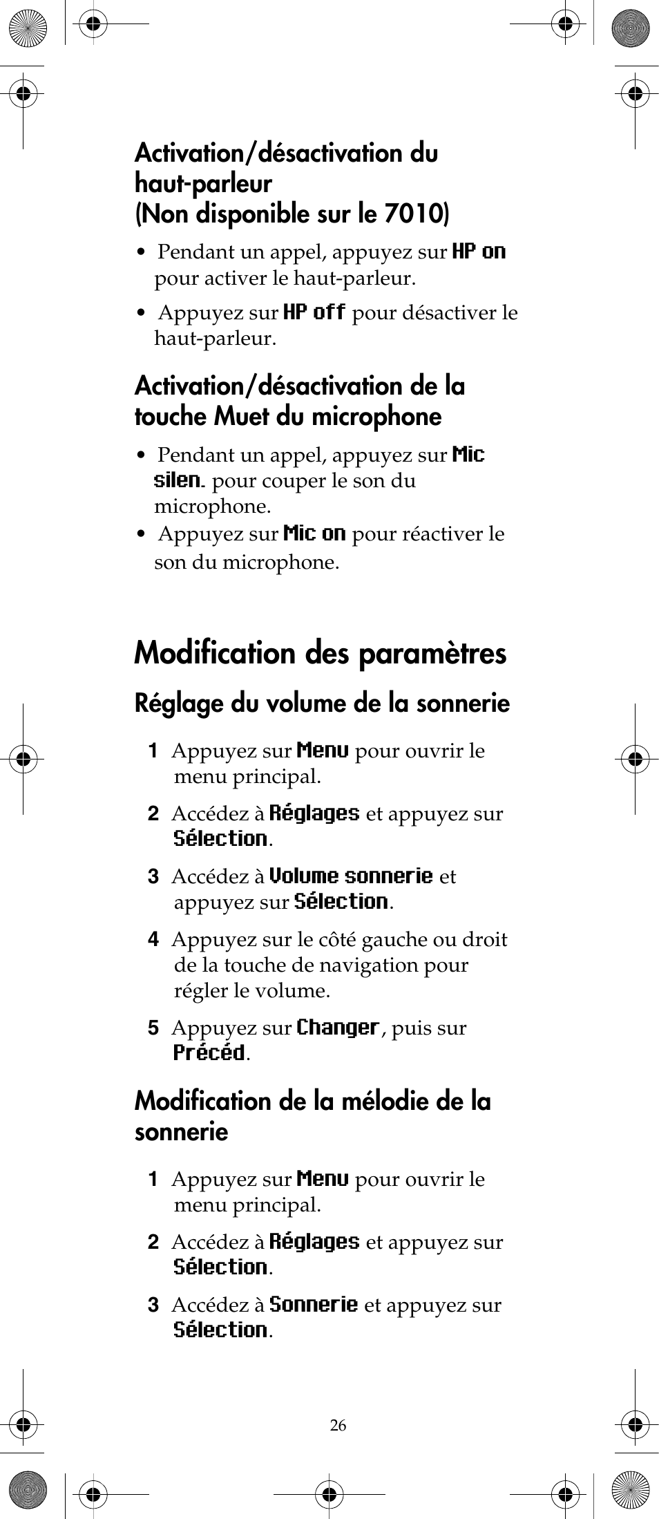 Modification des paramètres, Réglage du volume de la sonnerie, Modification de la mélodie de la sonnerie | Polycom KIRK 7040 User Manual | Page 26 / 76